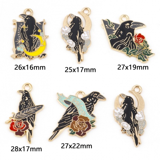 Image de Breloques Halloween en Alliage de Zinc Corbeau Doré Multicolore Émail 10 Pcs