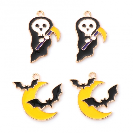 Picture of Zinc Based Alloy Halloween Charms Gold Plated Black & Yellow Halloween Ghost Halloween Bat Enamel