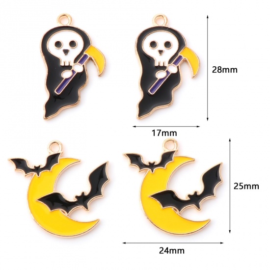 Picture of Zinc Based Alloy Halloween Charms Gold Plated Black & Yellow Halloween Ghost Halloween Bat Enamel