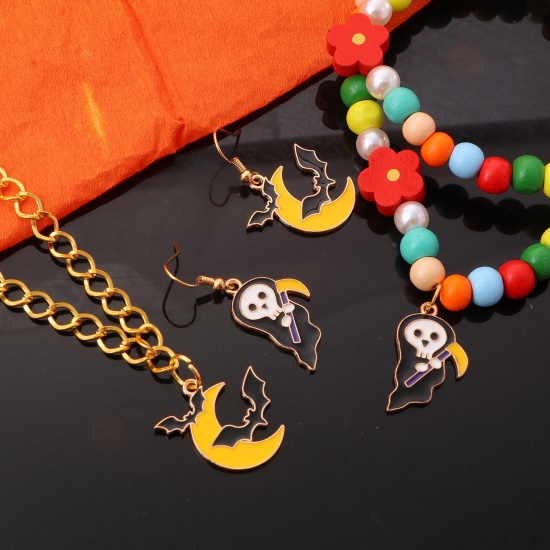 Picture of Zinc Based Alloy Halloween Charms Gold Plated Black & Yellow Halloween Ghost Halloween Bat Enamel