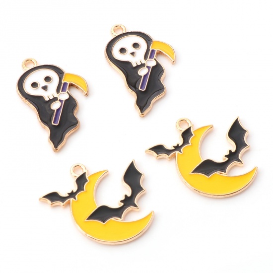 Picture of Zinc Based Alloy Halloween Charms Gold Plated Black & Yellow Halloween Ghost Halloween Bat Enamel