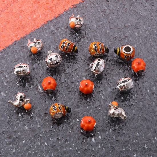 Picture of Zinc Based Alloy European Style Large Hole Charm Beads Multicolor Pumpkin Halloween Ghost Enamel