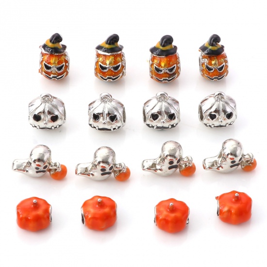 Picture of Zinc Based Alloy European Style Large Hole Charm Beads Multicolor Pumpkin Halloween Ghost Enamel