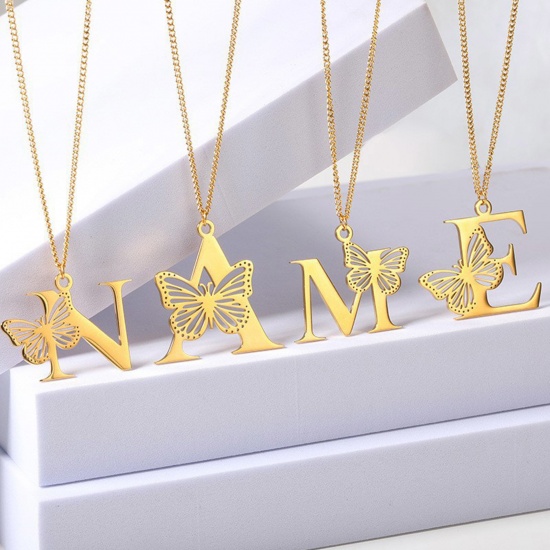 Picture of Stainless Steel Insect Curb Link Chain Necklace Multicolor Butterfly Animal Initial Alphabet/ Capital Letter Hollow 38cm(15") long