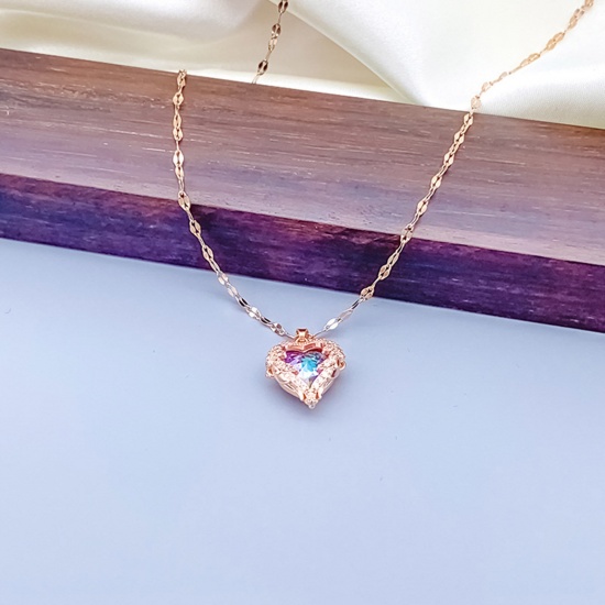 Picture of Stainless Steel & Copper Valentine's Day Curb Link Chain Necklace Multicolor Heart Multicolour Cubic Zirconia 40cm(15 6/8") long