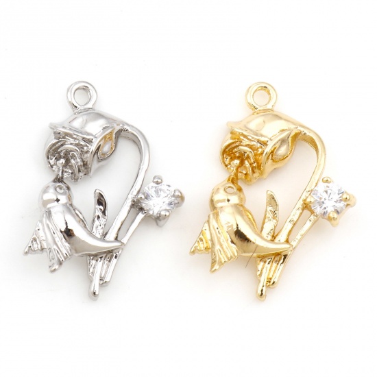 Picture of Brass Charms Bird Animal Real Gold Plated Rose Flower Micro Pave Clear Cubic Zirconia 19mm x 14mm