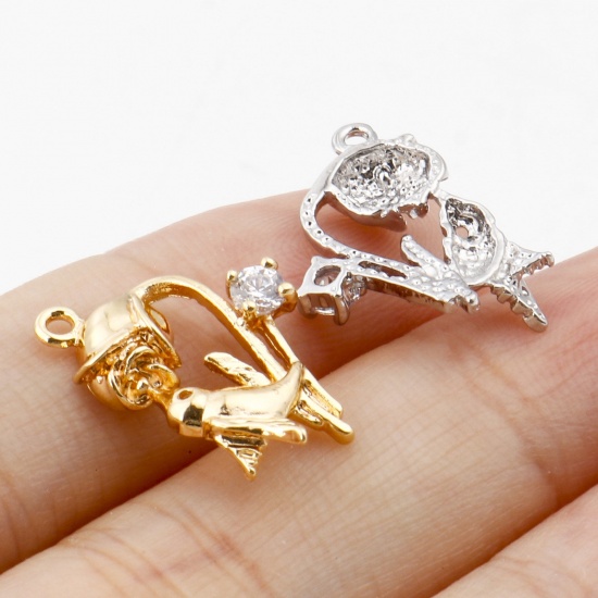 Picture of Brass Charms Bird Animal Real Gold Plated Rose Flower Micro Pave Clear Cubic Zirconia 19mm x 14mm