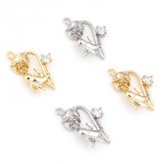 Picture of Brass Charms Bird Animal Real Gold Plated Rose Flower Micro Pave Clear Cubic Zirconia 19mm x 14mm