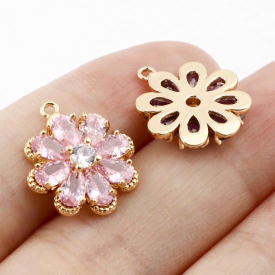 Picture of Brass Charms Flower Real Gold Plated Micro Pave Multicolour Cubic Zirconia 17mm x 14mm                                                                                                                                                                        