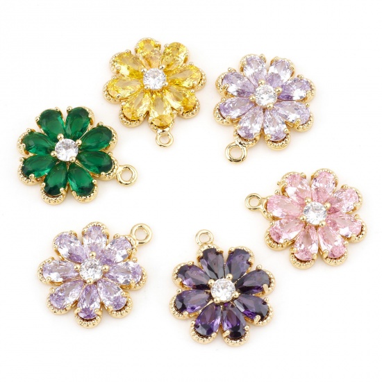 Picture of Brass Charms Flower Real Gold Plated Micro Pave Multicolour Cubic Zirconia 17mm x 14mm                                                                                                                                                                        