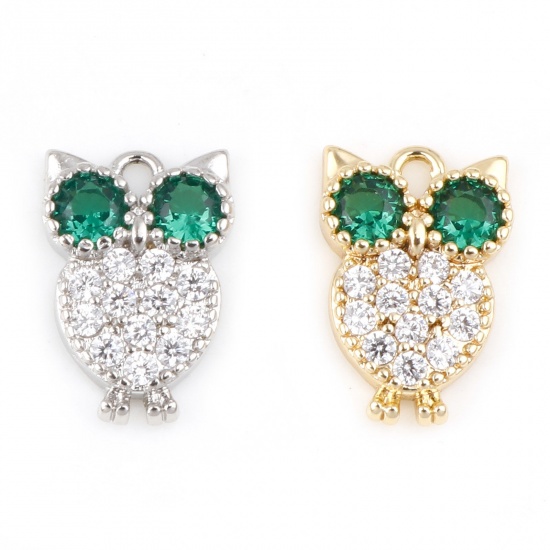 Picture of Brass Charms Owl Animal Real Gold Plated Micro Pave Green Cubic Zirconia 10mm x 7mm