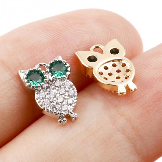 Picture of Brass Charms Owl Animal Real Gold Plated Micro Pave Green Cubic Zirconia 10mm x 7mm