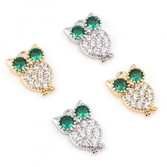 Picture of Brass Charms Owl Animal Real Gold Plated Micro Pave Green Cubic Zirconia 10mm x 7mm