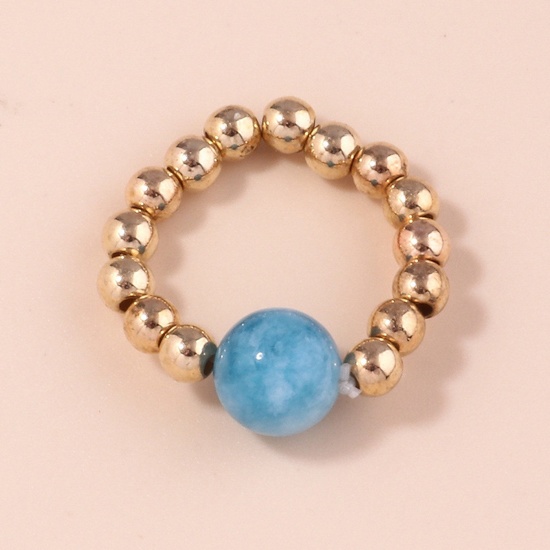 Picture of Stone Stylish Elastic Stretch Beaded Rings Gold Plated Multicolor Ball 20mm(US Size 10.25)