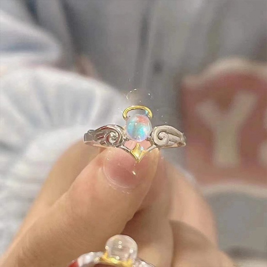 Bild von Paar Offen Verstellbar Ring Silberfarbe Imitation Mondstein Engel Der Teufel 1 Stück