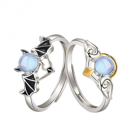 Picture of Couple Open Adjustable Rings Silver Tone Imitation Moonstone Angel The Devil