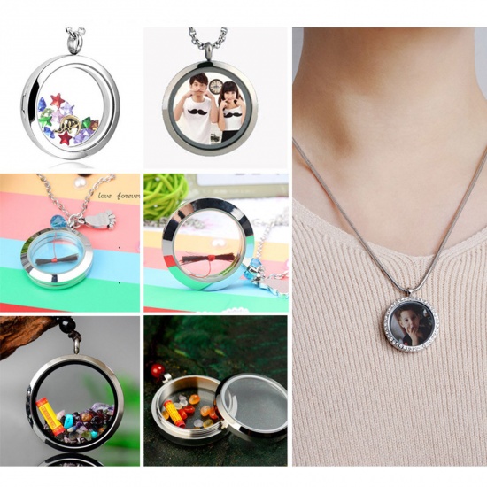 Picture of Titanium Steel & Glass Floating Living Memory Locket Charms Multicolor Round Can Open
