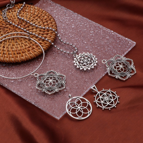 Picture of Zinc Based Alloy Flower Of Life Pendants Antique Silver Color Hollow