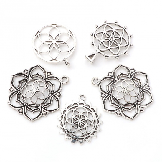 Picture of Zinc Based Alloy Flower Of Life Pendants Antique Silver Color Hollow