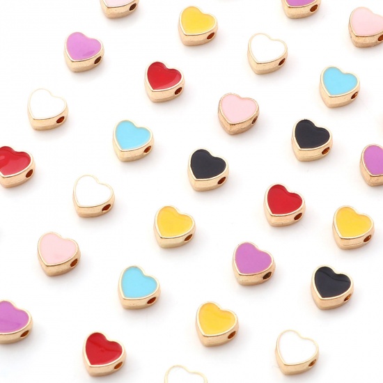 Picture of Zinc Based Alloy Valentine's Day Spacer Beads Heart Gold Plated Multicolor Enamel About 8mm x 7.5mm