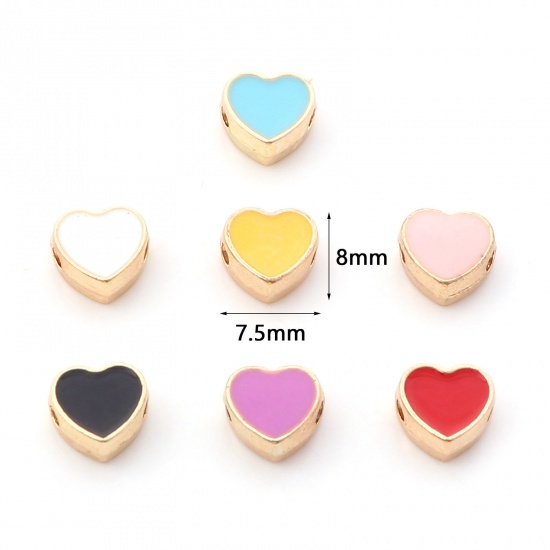 Picture of Zinc Based Alloy Valentine's Day Spacer Beads Heart Gold Plated Multicolor Enamel About 8mm x 7.5mm