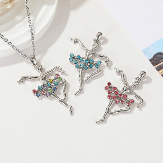 Picture of Elegant Necklace Silver Tone Ballerina Multicolor Rhinestone 50cm(19 5/8") long