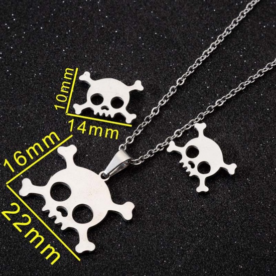 Picture of Stainless Steel Halloween Jewelry Necklace Earrings Set Multicolor Skull Hollow 45cm(17 6/8") long