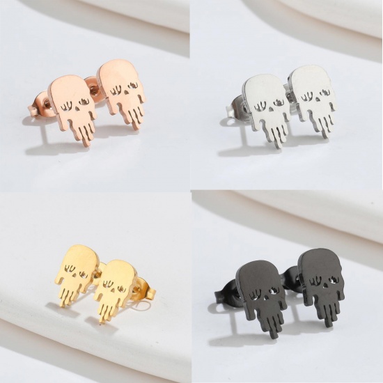 Picture of Stainless Steel Halloween Ear Post Stud Earrings Multicolor Skull 12mm x 7mm