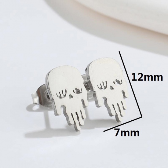 Picture of Stainless Steel Halloween Ear Post Stud Earrings Multicolor Skull 12mm x 7mm