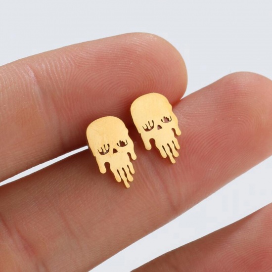 Picture of Stainless Steel Halloween Ear Post Stud Earrings Multicolor Skull 12mm x 7mm