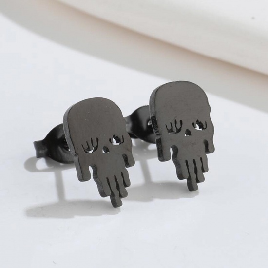 Picture of Stainless Steel Halloween Ear Post Stud Earrings Multicolor Skull 12mm x 7mm