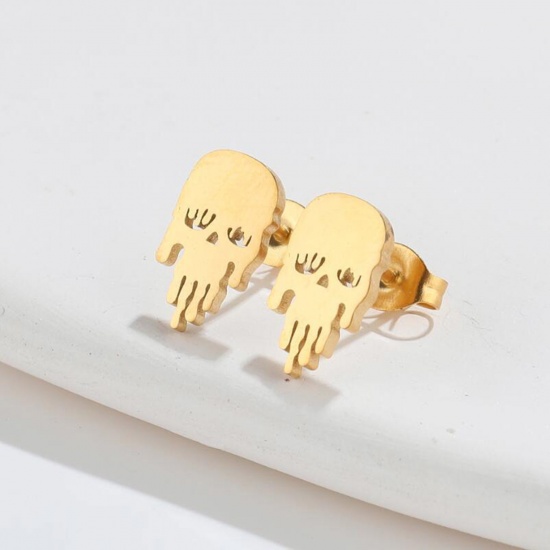 Picture of Stainless Steel Halloween Ear Post Stud Earrings Multicolor Skull 12mm x 7mm