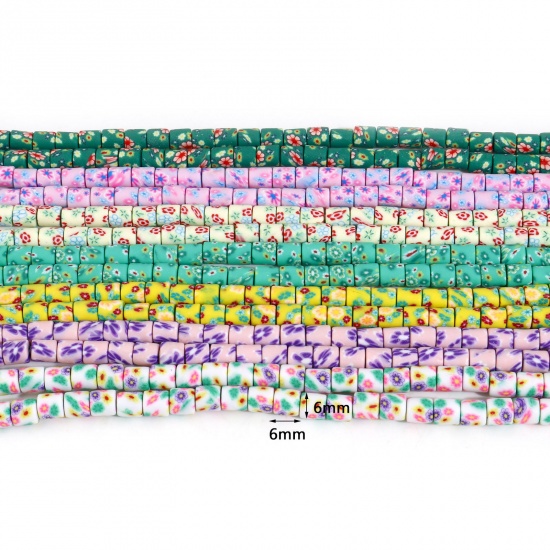 Bild von Polymer Ton Perlen Zylinder Bunt, mit Blumen Muster, 6mm x 6mm, Loch: 1.2mm, 40cm lang/Strang, 65 Stk./Strang, 2 Stränge