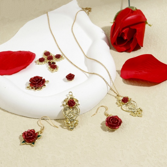 Immagine di Lega di Zinco San Valentino Charms Rosa Oro Placcato Rosso Pittura 5 Pz