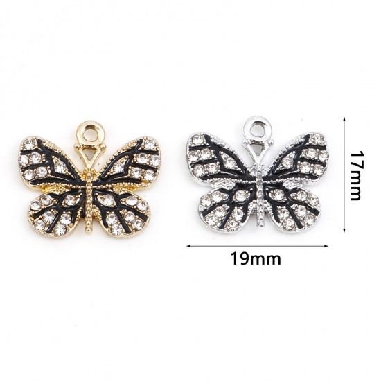 Picture of Zinc Based Alloy Micro Pave Charms Multicolor Black Butterfly Animal Enamel Clear Rhinestone 19mm x 17mm