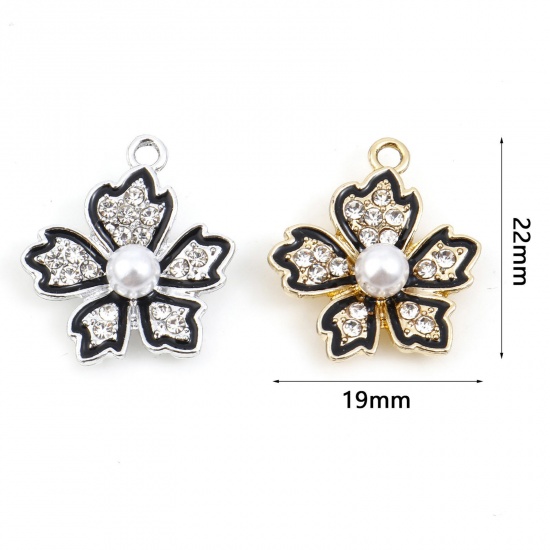 Picture of Zinc Based Alloy Micro Pave Charms Multicolor Black Flower Enamel Clear Rhinestone 22mm x 19mm