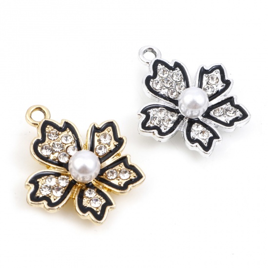 Picture of Zinc Based Alloy Micro Pave Charms Multicolor Black Flower Enamel Clear Rhinestone 22mm x 19mm
