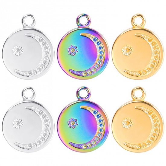 Imagen de Acero Inoxidable Galaxia Colgantes Charms Ronda Multicolor (Apta 1mm Pointed Back Rhinestone) Luna 20mm x 16mm, 2 Unidades
