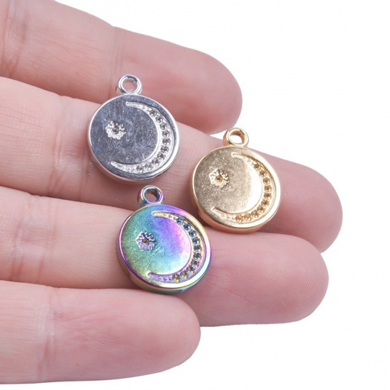 Imagen de Acero Inoxidable Galaxia Colgantes Charms Ronda Multicolor (Apta 1mm Pointed Back Rhinestone) Luna 20mm x 16mm, 2 Unidades
