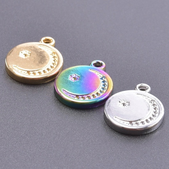 Imagen de Acero Inoxidable Galaxia Colgantes Charms Ronda Multicolor (Apta 1mm Pointed Back Rhinestone) Luna 20mm x 16mm, 2 Unidades