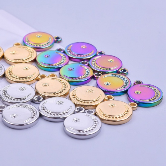 Imagen de Acero Inoxidable Galaxia Colgantes Charms Ronda Multicolor (Apta 1mm Pointed Back Rhinestone) Luna 20mm x 16mm, 2 Unidades