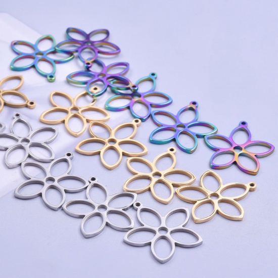 Bild von Edelstahl Charms Blumen Bunt Hohl 26mm x 25mm, 2 Stück