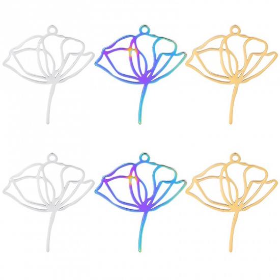 Imagen de Acero Inoxidable Colgantes Charms Flor de Loto Multicolor Hueco 28mm x 25mm, 2 Unidades