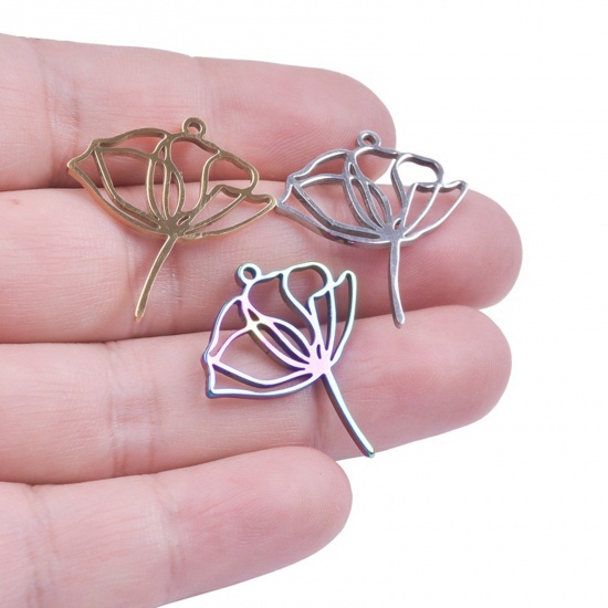 Imagen de Acero Inoxidable Colgantes Charms Flor de Loto Multicolor Hueco 28mm x 25mm, 2 Unidades