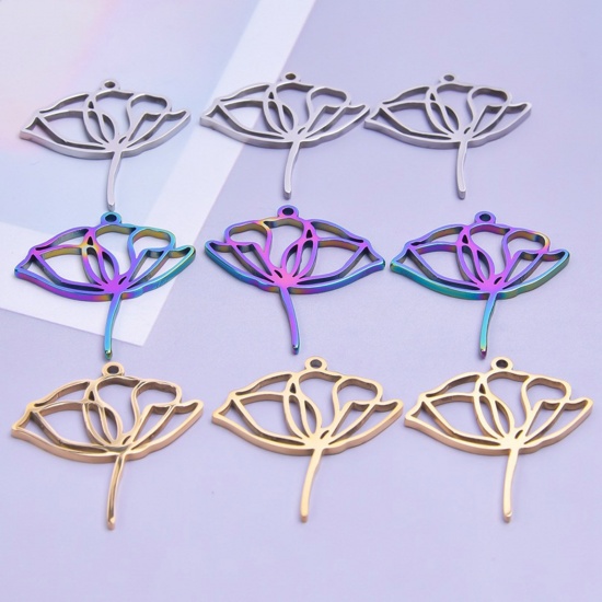 Imagen de Acero Inoxidable Colgantes Charms Flor de Loto Multicolor Hueco 28mm x 25mm, 2 Unidades