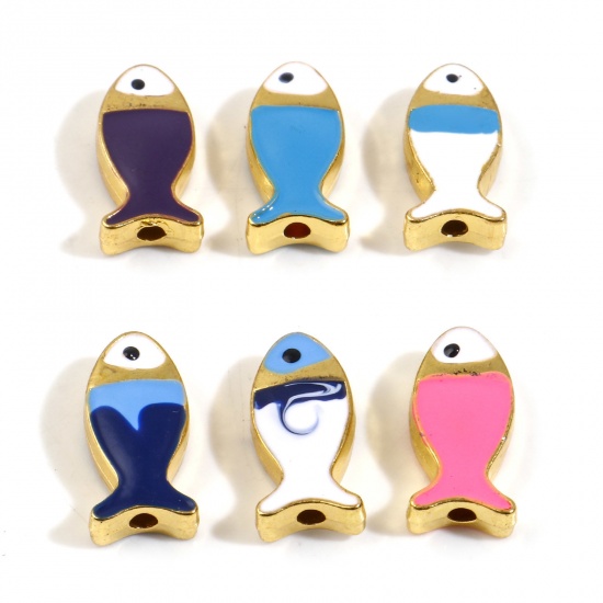 Picture of Zinc Based Alloy Ocean Jewelry Spacer Beads Fish Animal Gold Plated Multicolor Enamel About 17mm x 8mm