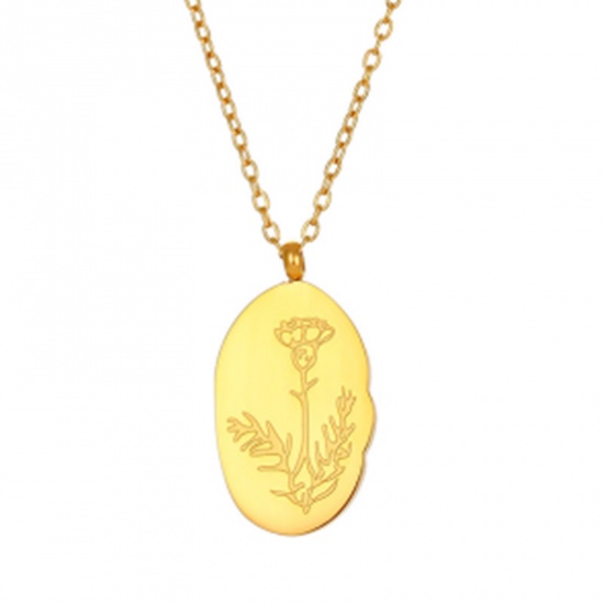 Picture of Hypoallergenic Simple & Casual Birth Month Flower 18K Gold Plated 316 Stainless Steel Rolo Chain Oval Flower Pendant Necklace For Women Birthday 40cm(15 6/8") long