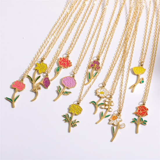 Picture of Hypoallergenic Sweet & Cute Birth Month Flower 18K Gold Plated Multicolor 316 Stainless Steel Rolo Chain Enamel Pendant Necklace For Women Birthday 40cm(15 6/8") long