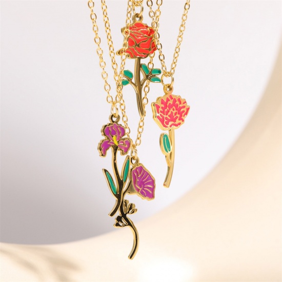 Picture of Hypoallergenic Sweet & Cute Birth Month Flower 18K Gold Plated Multicolor 316 Stainless Steel Rolo Chain Enamel Pendant Necklace For Women Birthday 40cm(15 6/8") long