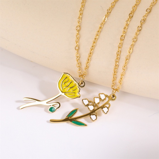 Hypoallergenic Sweet & Cute Birth Month Flower 18K Gold Plated Multicolor 316 Stainless Steel Rolo Chain Enamel Pendant Necklace For Women Birthday 40cm(15 6/8") long の画像